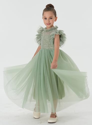 2Bunnies Girl Iris Floral Lace High Neck Ruffled Flutter Sleeve A-Line Tutu Tulle Party Flower Girl Dress3