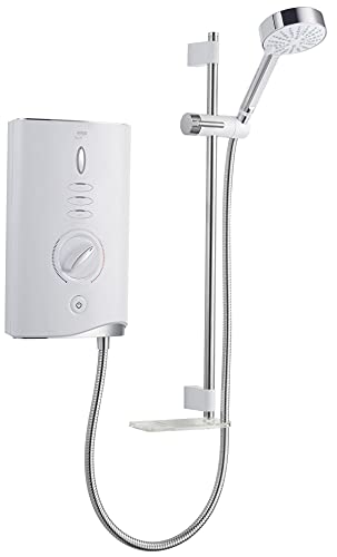 Mira Sport Max Airboost 4-Spray Pattern Manual Dial Temperature Control White Chrome Effect Electric Shower (Dep: 89mm H: 358mm W: 215mm, 4.3kg), 10.8kW