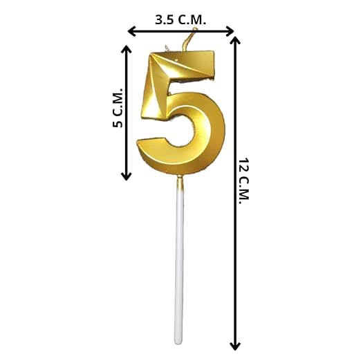 Image of ToyUniverse Number 5 Metallic 3D Gold Candle for Fifth Birthday, Anniversary, Surprise Party Cake Decoration (Pack of 1)