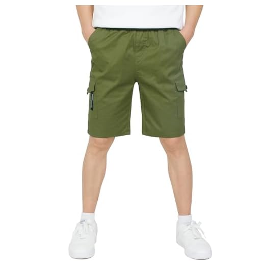 CAMLAKEE Short Cargo Enfant Garçon Pantalon Court Bermuda Été avec Taille Élastique Armée 12-13 ans/160