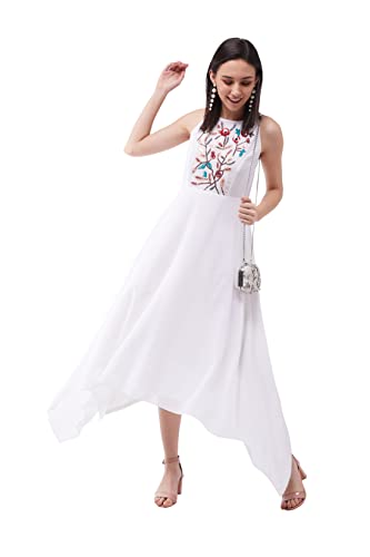 Image of Miss Chase Women's Off White Halter Neck Sleeveless Solid Embellished Maxi Dress