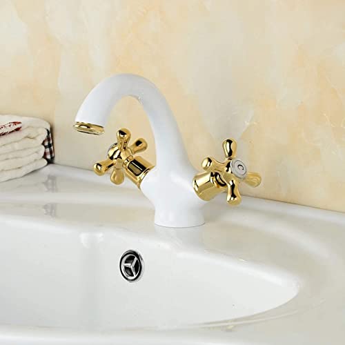 Robinet de lavabo blanc et or mitigeur chic à double poignée
