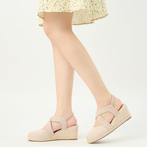 Image of HARENCE Espadrilles Wedge Sandals for Women: Comfortable Closed Toe Ankle Strap Elastic Shoes Summer Dressy Platform Heels