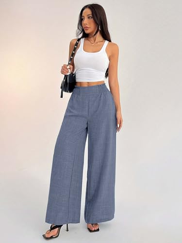 Image of Sugathari Women's Casual Wide Leg Pants - High Waist Elastic Waistband Loose Fit Long Trousers | Lightweight Straight Leg Summer PantsTrouser 254