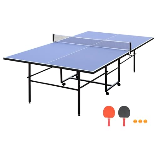 Garvee Portable Table Tennis Tables, Professional Outdoor Ping Pong Table, 9FT Foldable Ping Pong Tables Game Set with Net, 2 Paddles and 3 Balls for