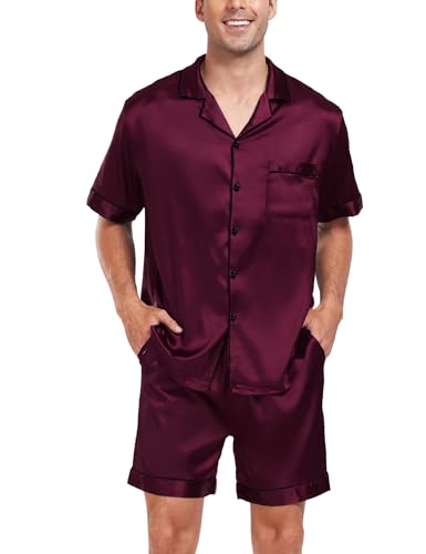 Image of SWOMOG Men Satin Silk Pajamas Sets Short Sleeve Sleepwear Button-Down PJs Sets Two-Pieces Loungewear with Pockets