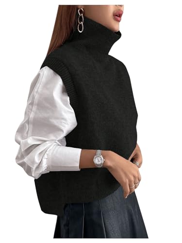Image of OYOANGLE Women's High Neck Sleeveless Crop Sweater Vest High Low Hem Knitted Pullover Tank Tops