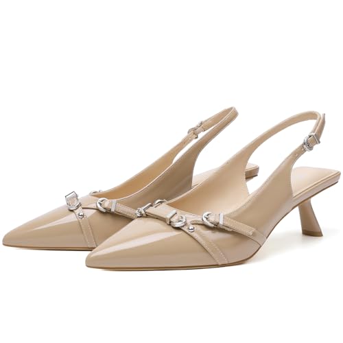 Image of Mostrin Kitten Heels for Women Pointed Toe Pumps Patent Leather Low Heel Slingback Heels with Buckle Dress Shoes for Dating Party Working