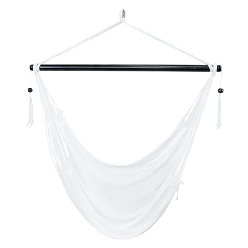 Image of Sunnydaze Outdoor Hammock Chair Swing for Reading - Hanging Hammock Swing for Indoor or Patio - 300lb Capacity - Caribbean XL - White
