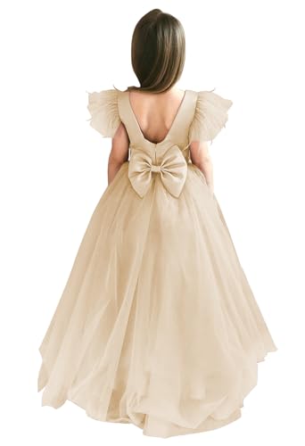 Pretty Long Flower Girl Dress Satin Feather Wedding Bridesmaid Dresses Tulle Pageant Evening Party Gown Big Bow
