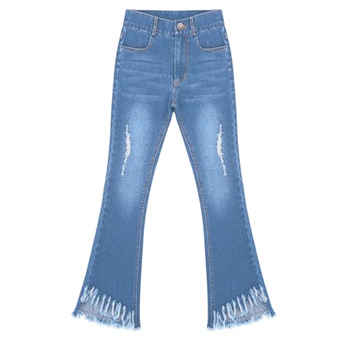 Linjinx Kids Girls Ripped Flared Bell Bottom Jeans Raw Hem Elastic Waisted Denim Pants with Bowknot3