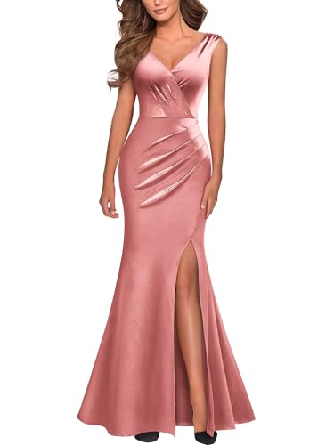 Image of Miusol Women's V-Neck Sleeveless Elegant Satin Ruched Slit Party Formal Maxi Dress