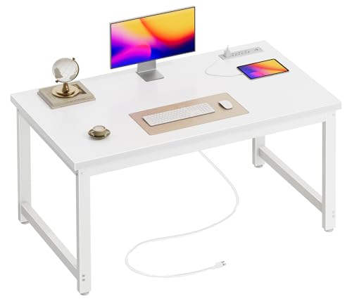 Image of Huuger 48 x 24 inch Desk with Power Outlets & USB-C, Deeper & Thicker Desktop, Robust Metal Tubes, Computer Desk, Heavy Duty Office Desk, Work Gaming Desk for Home Office, White