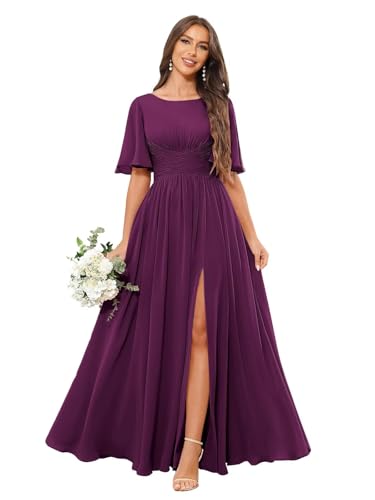POMUYOO Short Sleeves Bridesmaid Dresses Long Slit Ruffle Chiffon Formal Dress for Wedding Guest