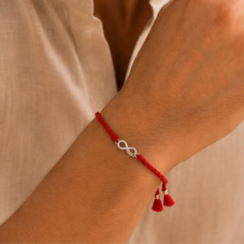 Image of MAIRA 925 Sterling Silver Premium Designer Bracelet Rakhi for Brother | Handmade Raksha Bandhan Sacred Thread with Silver-Tone Geometric Charm & Adjustable Red Braided Cord | Traditional Festival Rakhi Gift (FLOWER)