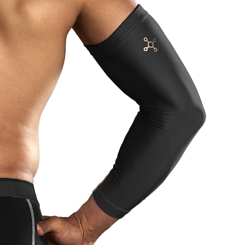 Tommie Copper Arm Compression Sleeve (L/XL, Black), 100% Copper & Zinc Infused Non-Slip Arm Sleeves, Patented Copper Znergy Fabric, Anti-Odor Benefits, Breathable Design