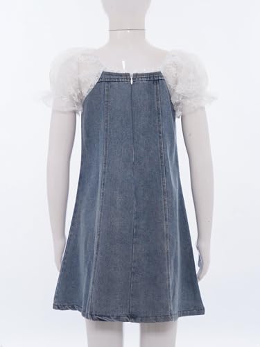 YiZYiF Kids Girls Summer Denim Dress Square Neck Lace School Outfits Pearl Decorated Casual Playwear3