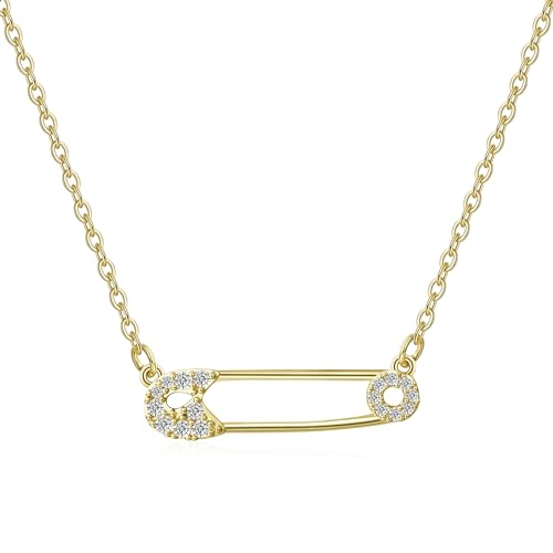 Medsor Safety Pin Necklace 14K Gold Plated Paper Clip Pendant Cubic Zirconia Saftey Pin Necklace Choker For Women Gift