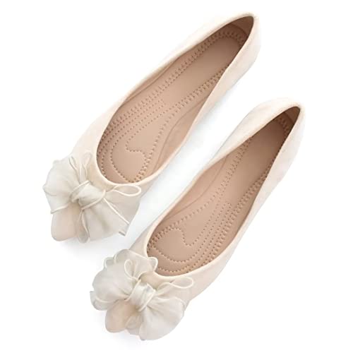 TN TANGNEST Womens Ballet Flats Fashion Bowknot Flats Comfort Pointed Toe Dress Shoes Apricot 42(9)