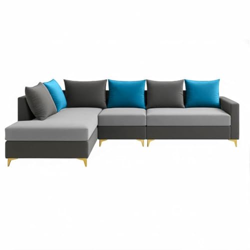 Image of FURNY Gloriss 6 Seater Fabric LHS L Shape Sofa Set with Multi-Color Aqua Blue Cushions (Light Grey-Dark Grey) Premium Velvet Finish with Golden Legs | Ideal for Living Room, Offices