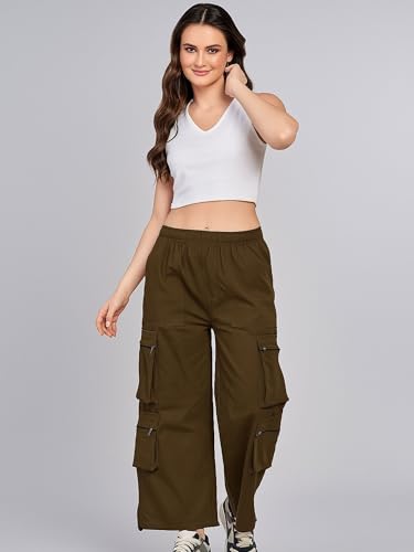 Image of ADDYVERO Elastic Cotton Solid Non-Stretchable Regular Fit Full Length Women six Pockets Cargo Pant (Light Brown, 28)