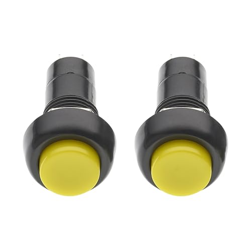 Image of Momentary Push Button Switch 12mm Mini Miniature 125V Volt 3A Amp (Pack of 2) Panel Mount SPST Open ON OFF 2 Pin YELLOW ABS Round Button Solder Terminals for Model Railway DIY Electronics Projects