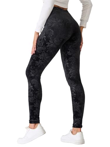 JIA QING YAN Women Velvet High-Waisted Stretchy Leggings with Floral Pattern - Workout Trousers for Yoga Casual Wear (Small) Black
