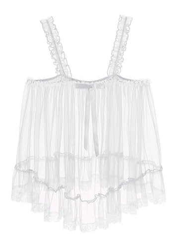 Sissy Mens Mesh See Through Lingerie Slip Top Lace Ruffle Sheer Crossdresser Nightwear3