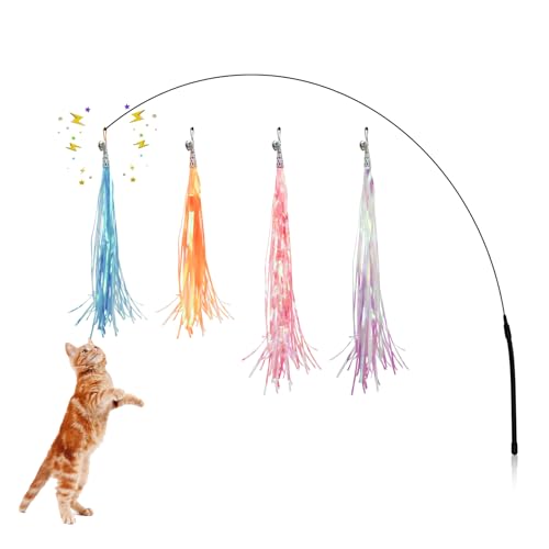 Andiker Juguete de varita para gatos con 4 borlas de arcoíris coloridas reemplazables de 10 pulgadas y campanas pequeñas, juguetes divertidos e interesantes para gatos de interior que se mantienen en