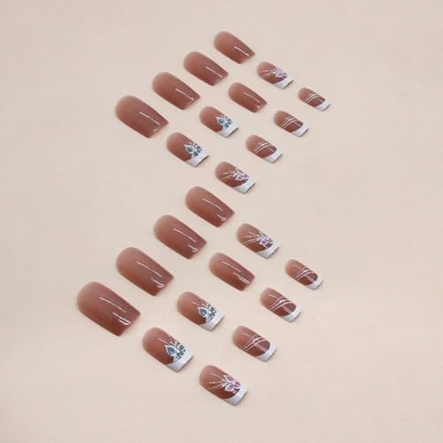 Image of Butterfly Press on Nails White French Tip Fake Nails Short Square False Nail with Design Rhinestone Glue on Nails Artificial Acrylic Full Cover Nude Stick on Nail for Women Manicure 24pcs