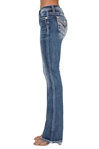 Miss Me Women's Mid-Rise Crossed Bands Embellished Faux Flap Pocket Slim Boot Jeans3