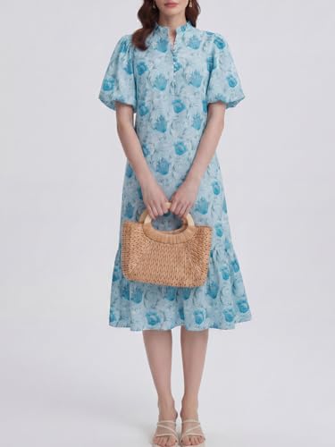 Image of Summer Floral Midi Dress for Women Spring Puff Short Sleeve Button Down Flowy Boho Dresses