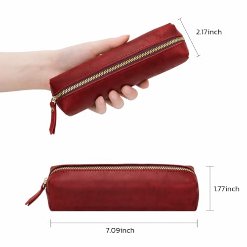 Image of ECHSRT Small Genuine Leather Pencil Pouch for Adults, Red | Crazy Horse Leather Finish, Compact Writing Instrument Storage