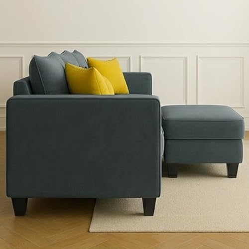 Image of FURNY Conva 5 Seater L Shape Sofa Set with Movable Ottoman | Flexible Left or Right Layout | Plush Velvet Fabric (Dark Grey) | Perfect for Living Room, Guest Room & Office