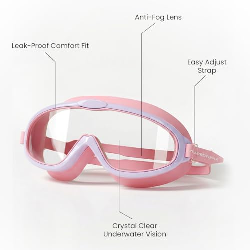 Image of ArrowMax Swimming Goggles For Kids - Anti-Fog UV Protection Lenses |Swim Cap Printed Easy to Adjust |No Leaking-Premium Silicone Comfortable Fabric (PINK)