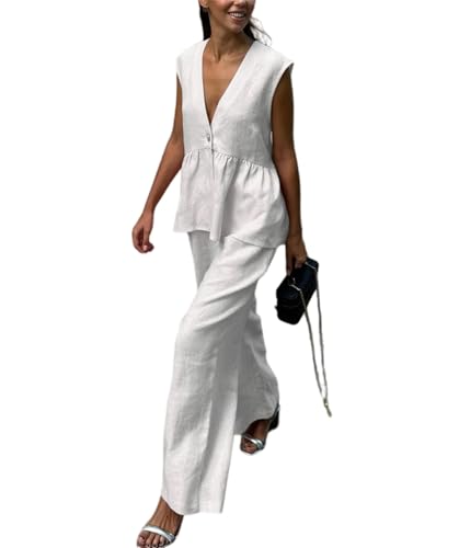 Conjunto holgado de dos piezas para mujer, con botones Vogue, cuello en V, sin mangas, pantalones de pierna ancha a juego, paquete de vacaciones elegantes de verano, beige, S
