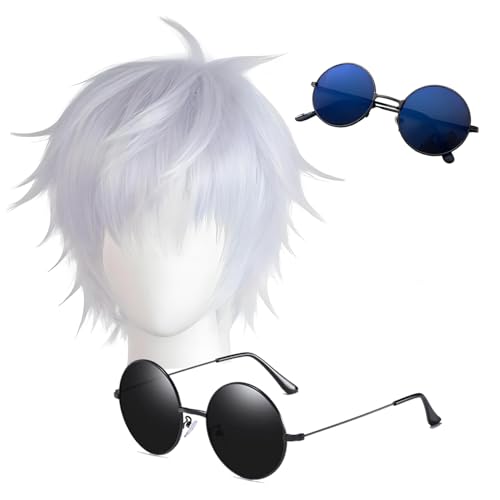 Anime G0. Wig Cap Short Wavy Hair Cap Light White Mix Silver Adult Fashion Wig Cosplay Sunglasses for Halloween Costume Props Accessories 3 Pcs