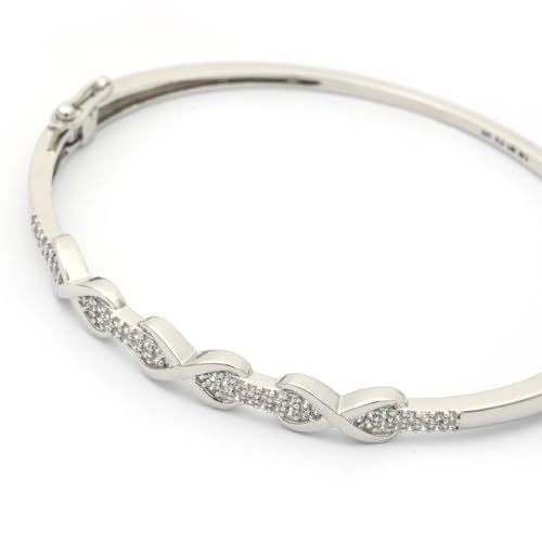 Image of MAIRA 925 Sterling Silver Pure Rhodium plated Swiss Zirconia Studded hypoallergenic Infinity Heart Kada Bracelet Bangle Jewellery | Valentine Gift for Women | Anti Tarnish Kada