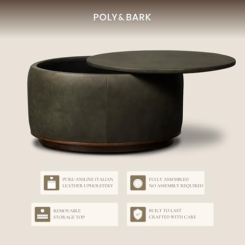 Image of Poly & BARK Herve Storage Ottoman in Olivine Green - Round Italian Full-Grain Leather Ottoman with Hidden Storage, Walnut Wood Base, Premium Accent Furniture, and Living Room Storage Solution