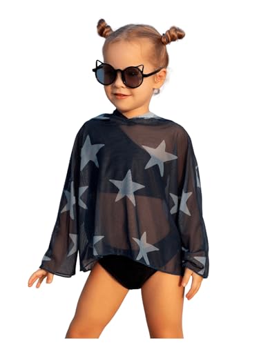 WDIRARA Toddler Girl's Star Graphic Sheer Hooded Cover Up Long Sleeve Swimwear Beach Top