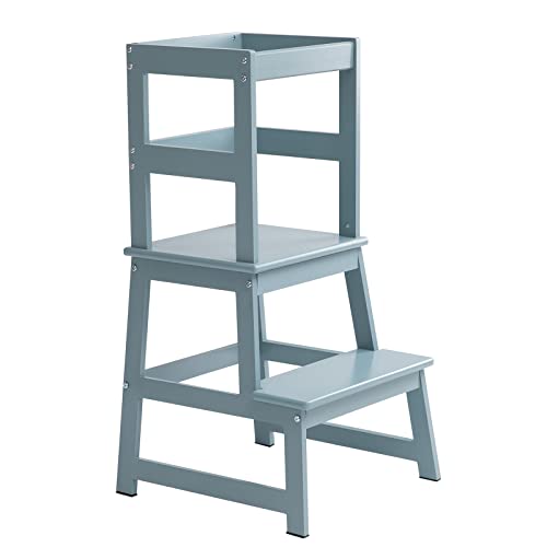 Image of Kitchen Tower for Kids with Safety Rail,Toddler Standing Tower for Kitchen Counter, Baby Montessori Tower,Solid Wood Construction,Blue