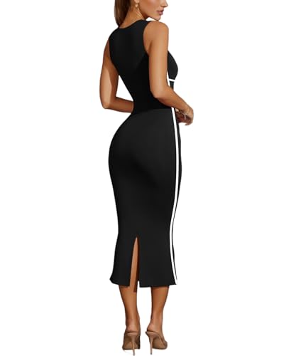 MAYFASEY Women's Summer Sleeveless Square Neck Contrast Binding Cocktail Party Bodycon Midi Dress Back Slit Maxi Dress4