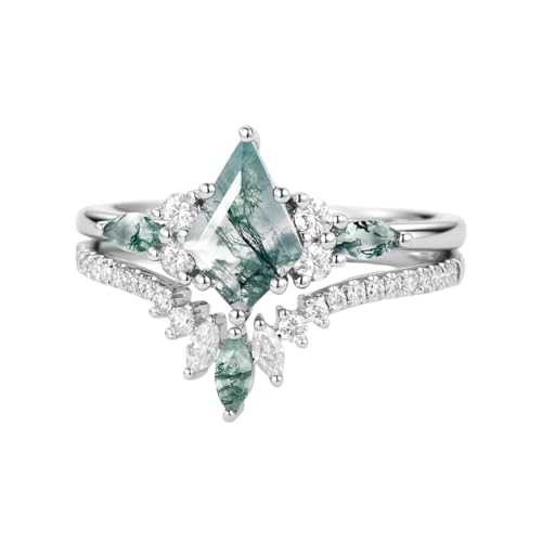1.5 CT 925 Sterling Silver Kite Cut Natural Moss Agate Ring Bridal Set Engagement Wedding Promise Ring Birthday Christmas Jewelry Gift for Women4