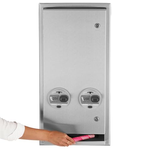 Image of Bobrick Recessed Napkin /Tampon Dispenser, 25 Cent Operation Dual Dispenser for Commercial Use Holds 20 Napkins & 30 Tampons Satin-Finish Stainless Steel Push-Button (Model B-3706 25)