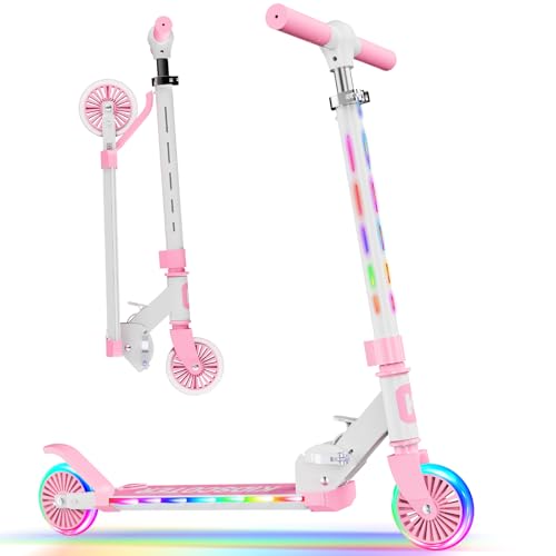 KIDSCOTER Patinete para Niños de 2 Ruedas (3-12 Años), Ruedas Luminosas y Manubrio con Luces LED, Patinete Plegable y Ajustable en Altura, Patinete Ligero para Niñas y Niños con Caballete,Rosa