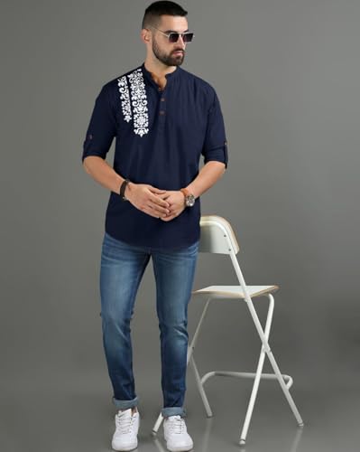 Image of FINIVO FASHION Men's Regular Fit Cotton Blend Kurta Shirt | Full Sleeve Ethnic Shirt with Mandarin Collar and Button Placket | Casual Kurta for Daily and Traditional Use