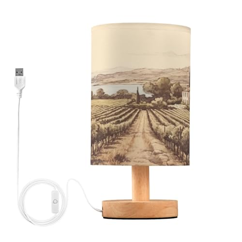 SDMKA Vintage Vineyard Painting Bedside Table Lamp for Bedroom, Minimalist Nightstand Lamp with Round Fabric Shade for Living Room, Office, No Bulb Required