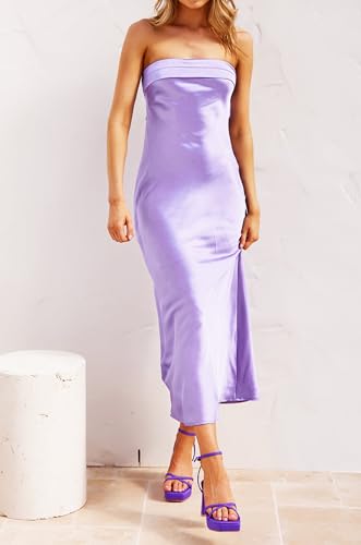 Image of MEROKEETY Women's Summer Satin Strapless Bodycon Dress 2026 Backless Tube Wedding Guest Cocktail Formal Party Maxi Dresses