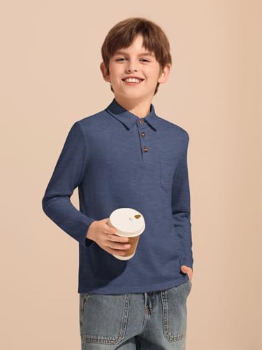 Image of Haloumoning Boys Long Sleeve Polo Shirts Kids Casual Button School Uniform Shirts with Chest Pocket 5-14 Years