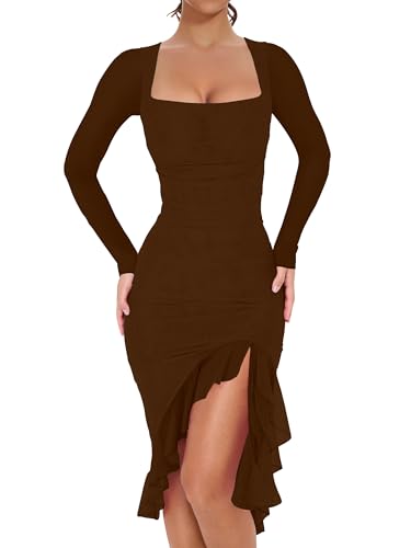 Image of BORIFLORS Women's Elegant Ruched Bodycon Midi Cocktail Dresses